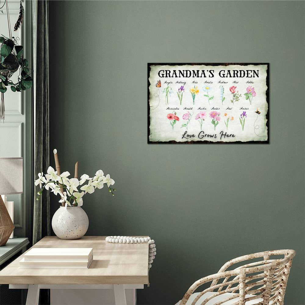 Personalized "Love Grows Here" Metal Sign – Custom Birth Flower Family Garden Artwork