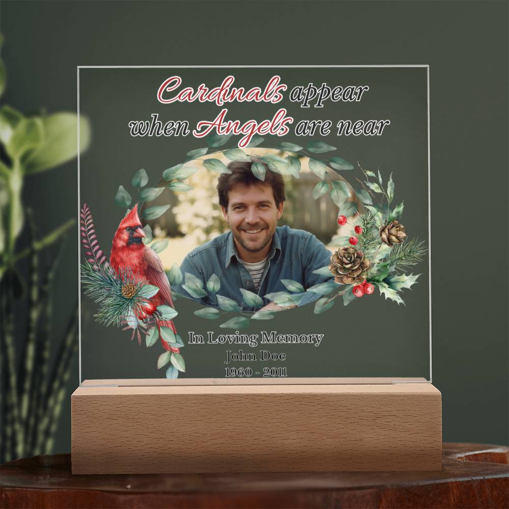 Personalized Cardinal Memorial LED Light – “Cardinals Appear When Angels Are Near” Acrylic Plaque with Custom Photo, Name & Dates | Sympathy, Christmas, or Remembrance Gift