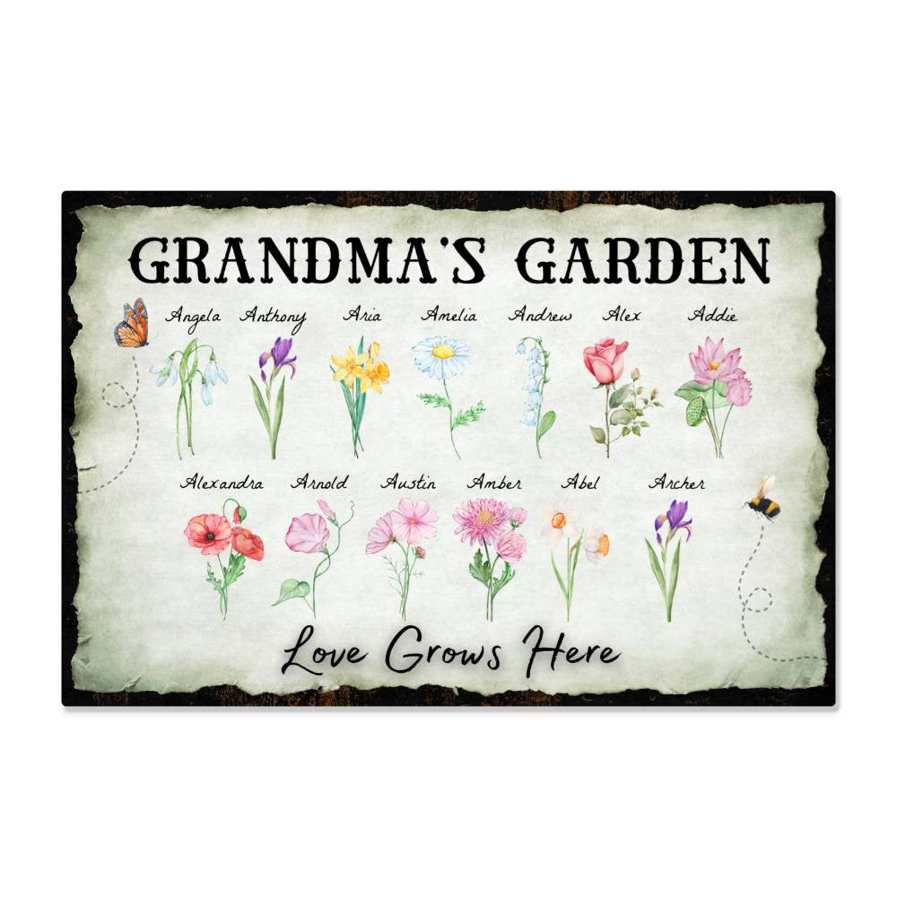 Personalized "Love Grows Here" Metal Sign – Custom Birth Flower Family Garden Artwork