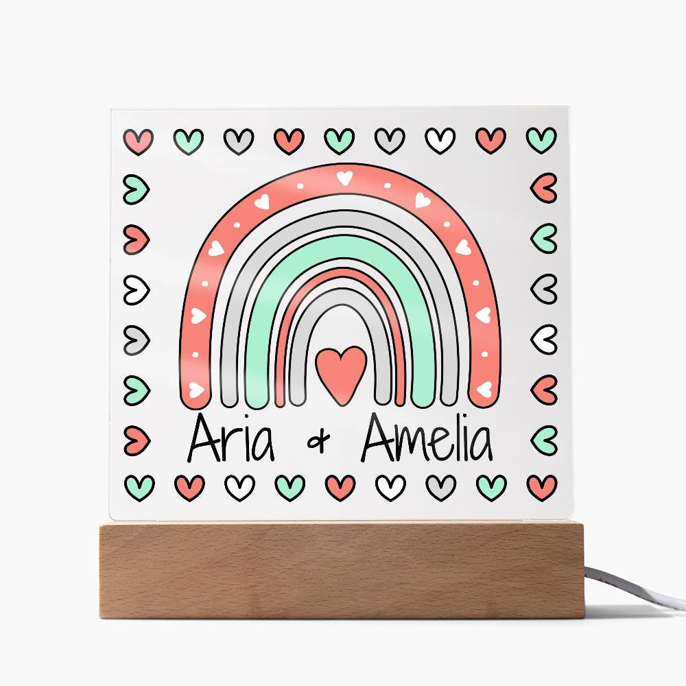 Personalized LED Night Light for Kids, Classrooms, and Teachers – Rainbow and Hearts Design