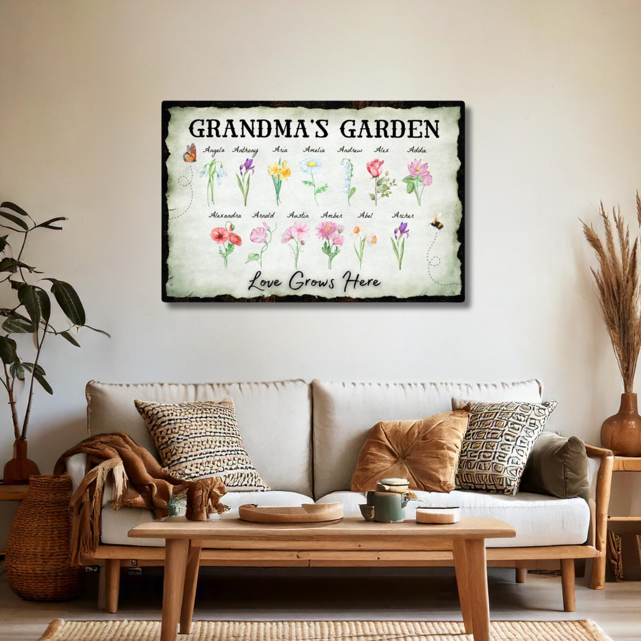 Personalized "Love Grows Here" Metal Sign – Custom Birth Flower Family Garden Artwork