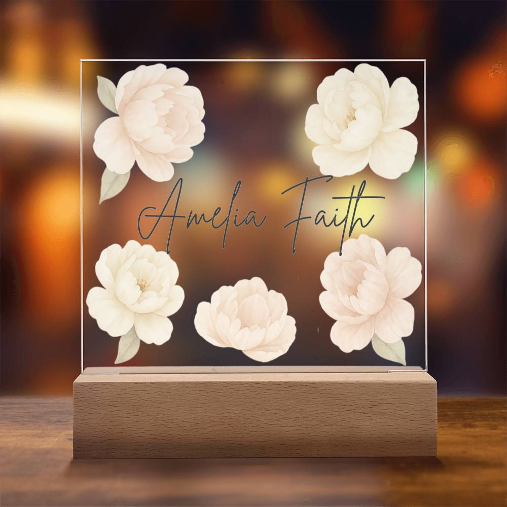 Personalized Peony Name LED Night Light for Nursery | Custom Floral Acrylic Sign for Baby Girl Room Décor