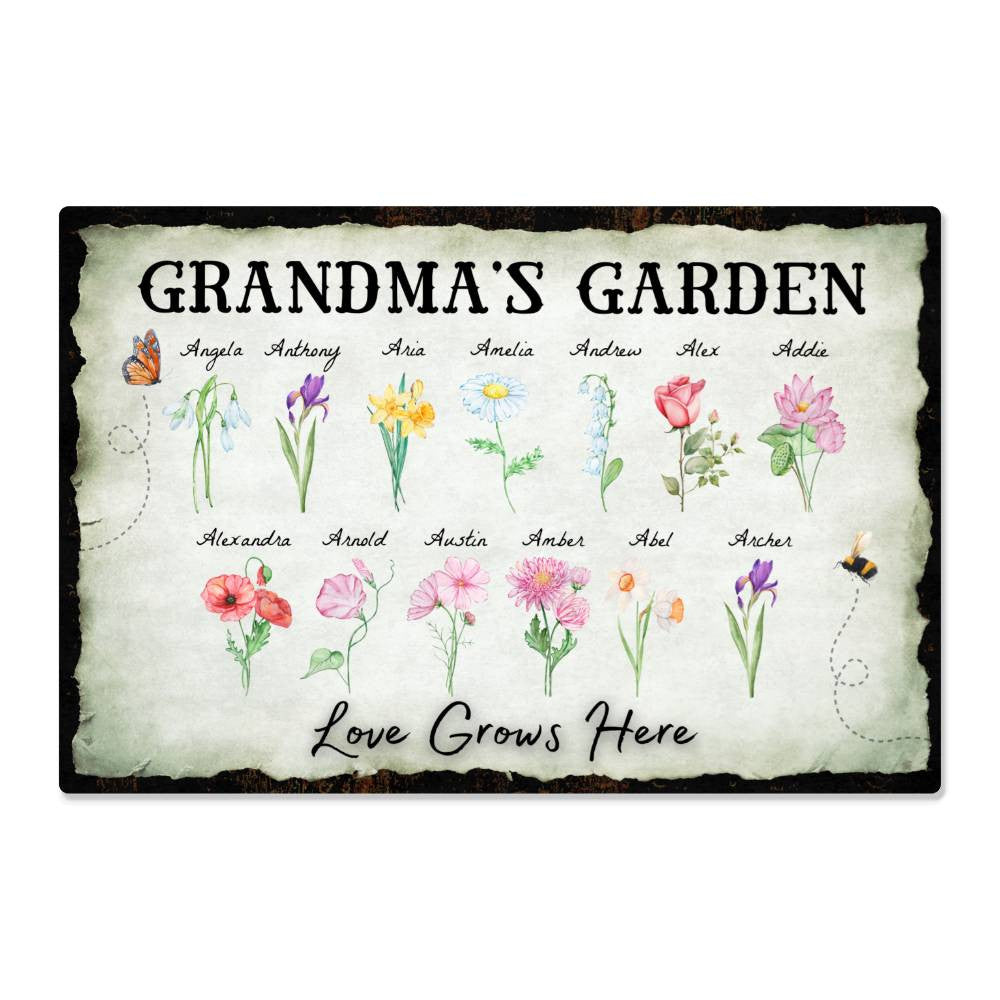 Personalized "Love Grows Here" Metal Sign – Custom Birth Flower Family Garden Artwork