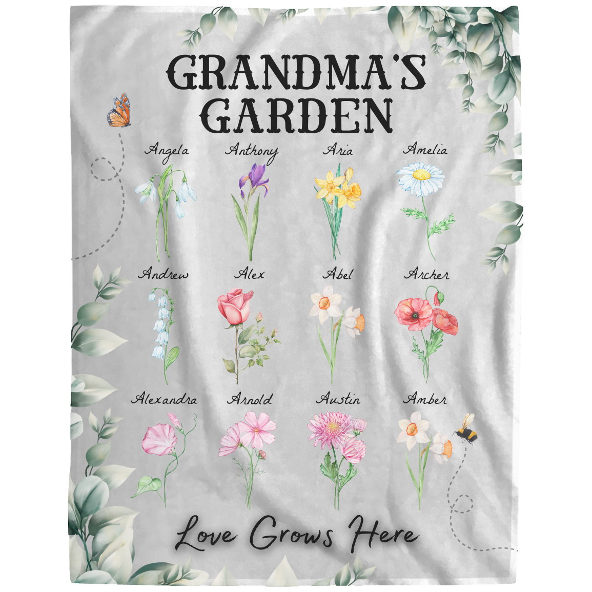 Personalized "Love Grows Here" Plush Blanket – Custom Birth Flower Family Garden Design