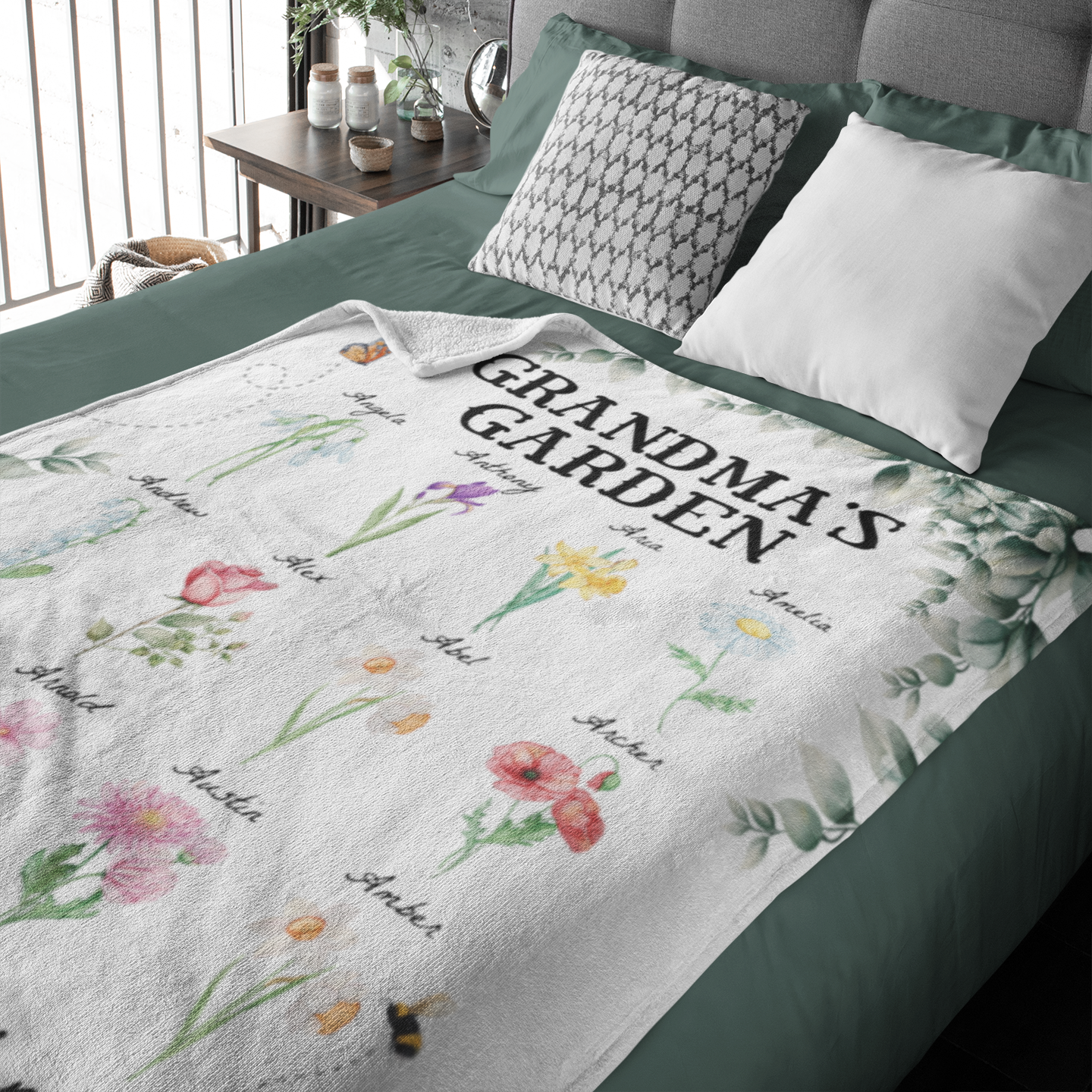 Personalized "Love Grows Here" Plush Blanket – Custom Birth Flower Family Garden Design