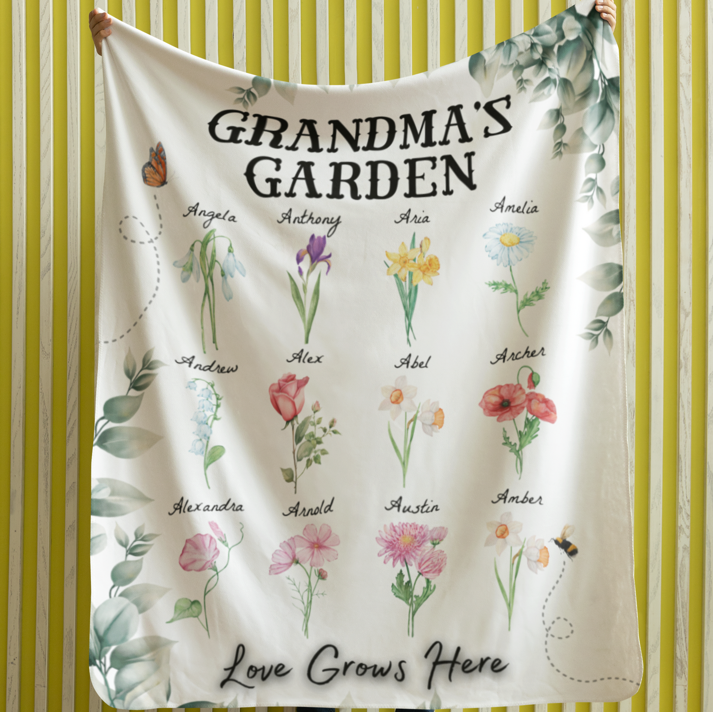 Personalized "Love Grows Here" Plush Blanket – Custom Birth Flower Family Garden Design