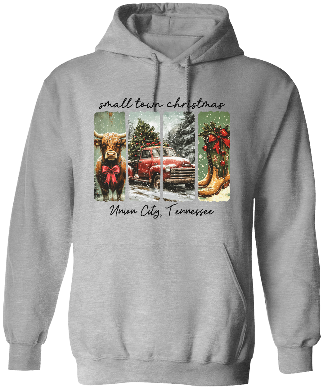 Vintage Small Town Christmas Gildan Hoodie – Personalized City & State Holiday Rustic Country Design