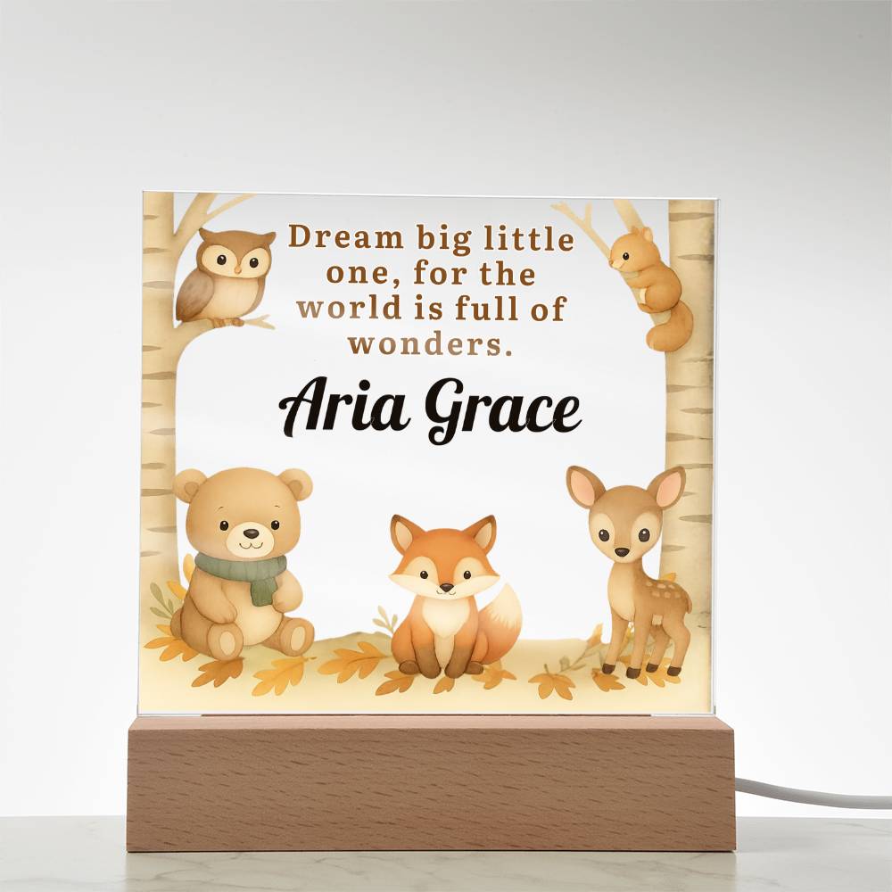 Personalized Woodland Animal LED Night Light – Custom Name Nursery Lamp with Bear, Fox & Deer – Dream Big Little One Baby Gift – Kids Room Decor