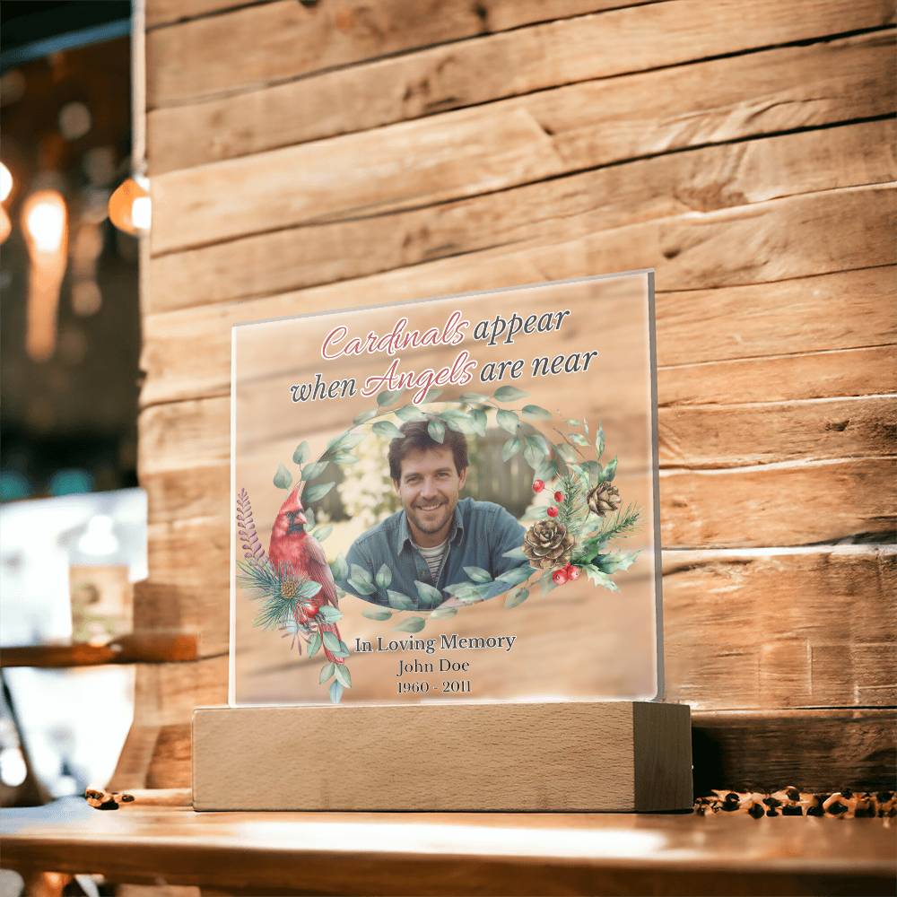 Personalized Cardinal Memorial LED Light – “Cardinals Appear When Angels Are Near” Acrylic Plaque with Custom Photo, Name & Dates | Sympathy, Christmas, or Remembrance Gift