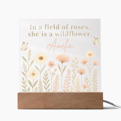 Personalized Wildflower LED Night Light – “In a Field of Roses, She Is a Wildflower” Nursery or Kids Decor | Custom Name Acrylic Light for Girls Room | Boho Floral Nightlight Gift