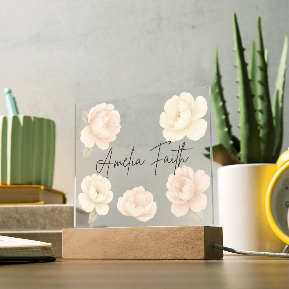 Personalized Peony Name LED Night Light for Nursery | Custom Floral Acrylic Sign for Baby Girl Room Décor