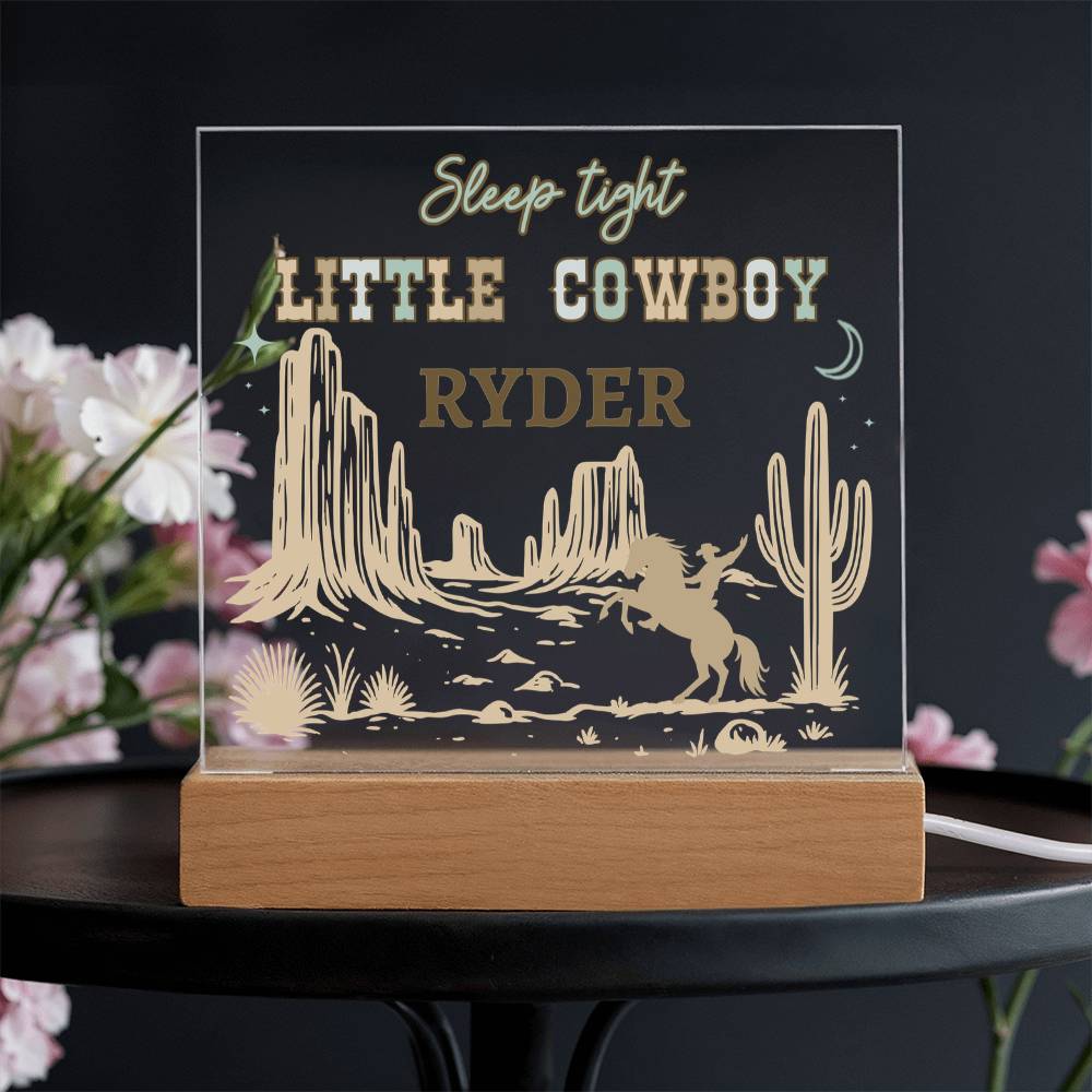 Sleep Tight Little Cowboy Personalized Acrylic Night Light – Custom Western Nursery Decor – Cowboy Bedroom Gift for Boys