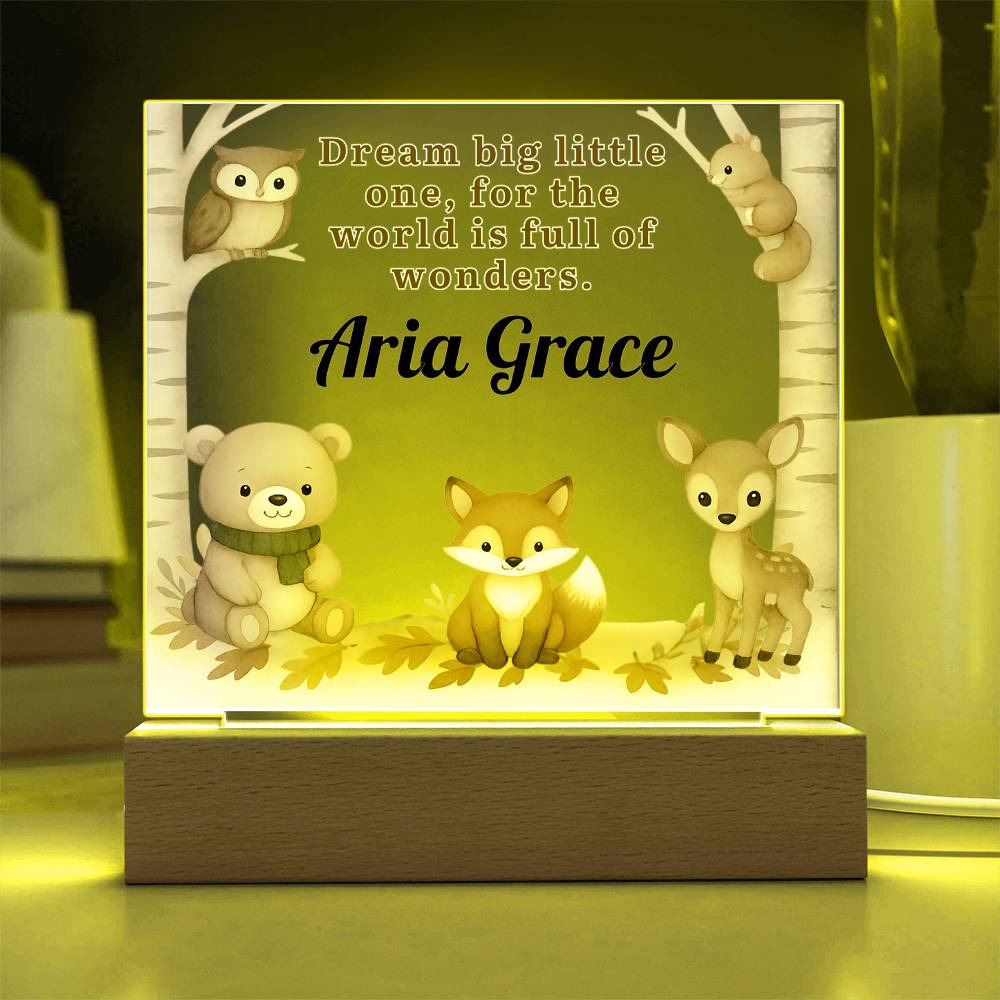 Personalized Woodland Animal LED Night Light – Custom Name Nursery Lamp with Bear, Fox & Deer – Dream Big Little One Baby Gift – Kids Room Decor