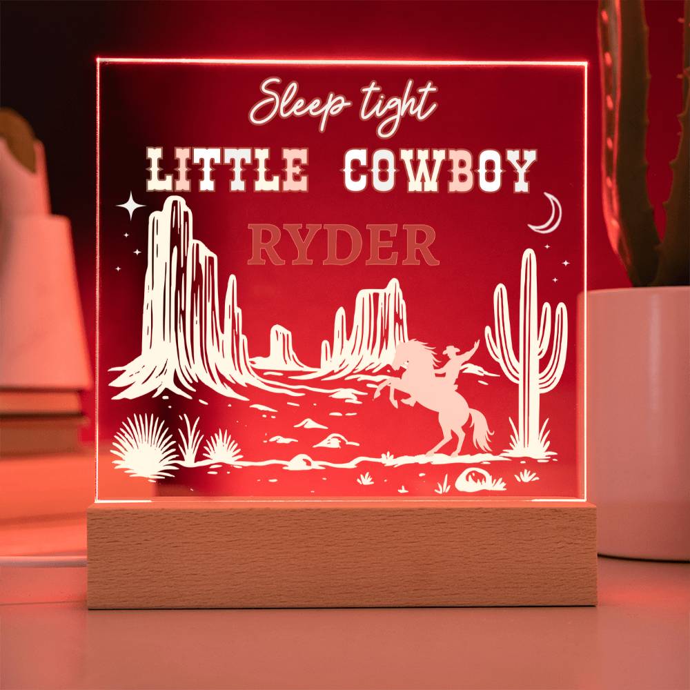 Sleep Tight Little Cowboy Personalized Acrylic Night Light – Custom Western Nursery Decor – Cowboy Bedroom Gift for Boys