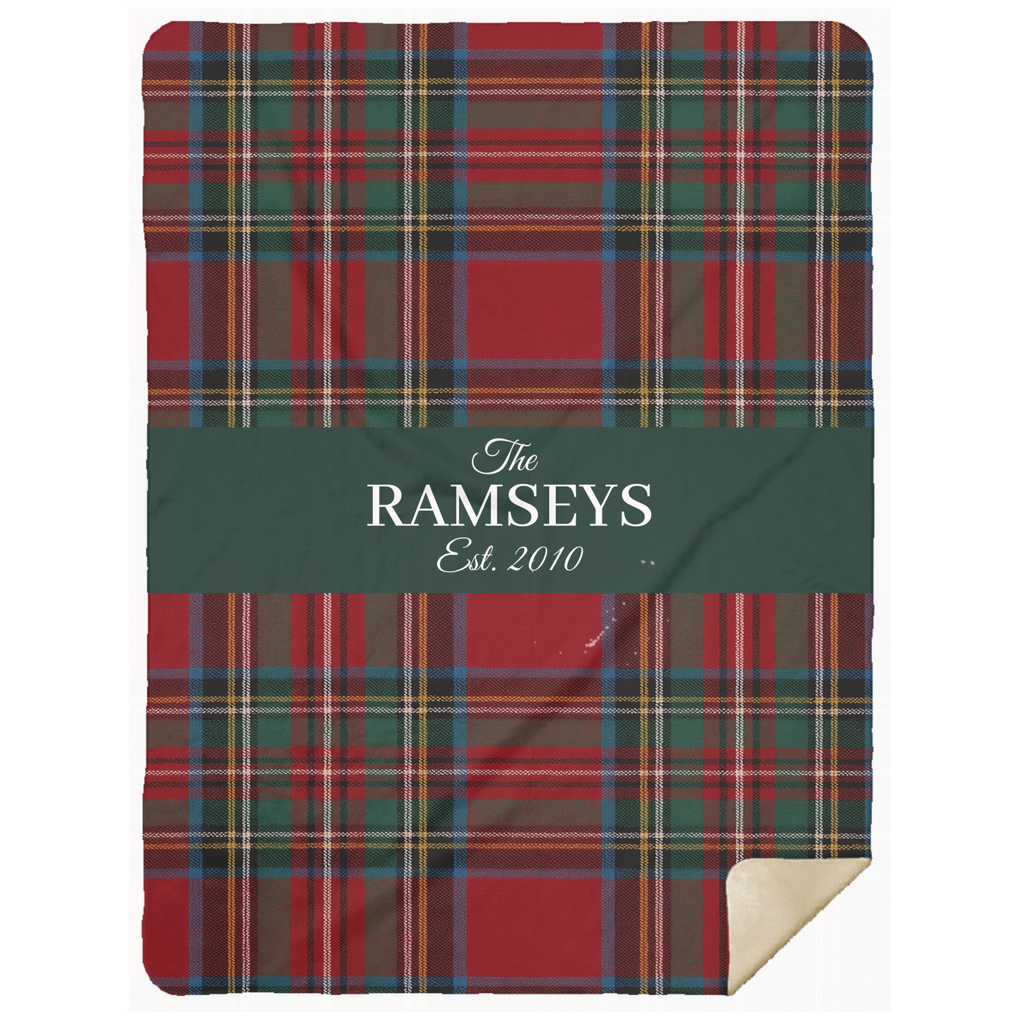 Personalized Tartan Christmas Blanket – Classic Red Plaid Family Name Throw with Green Stripe | Custom Sherpa or Fleece Blanket (50x60 or 60x80)