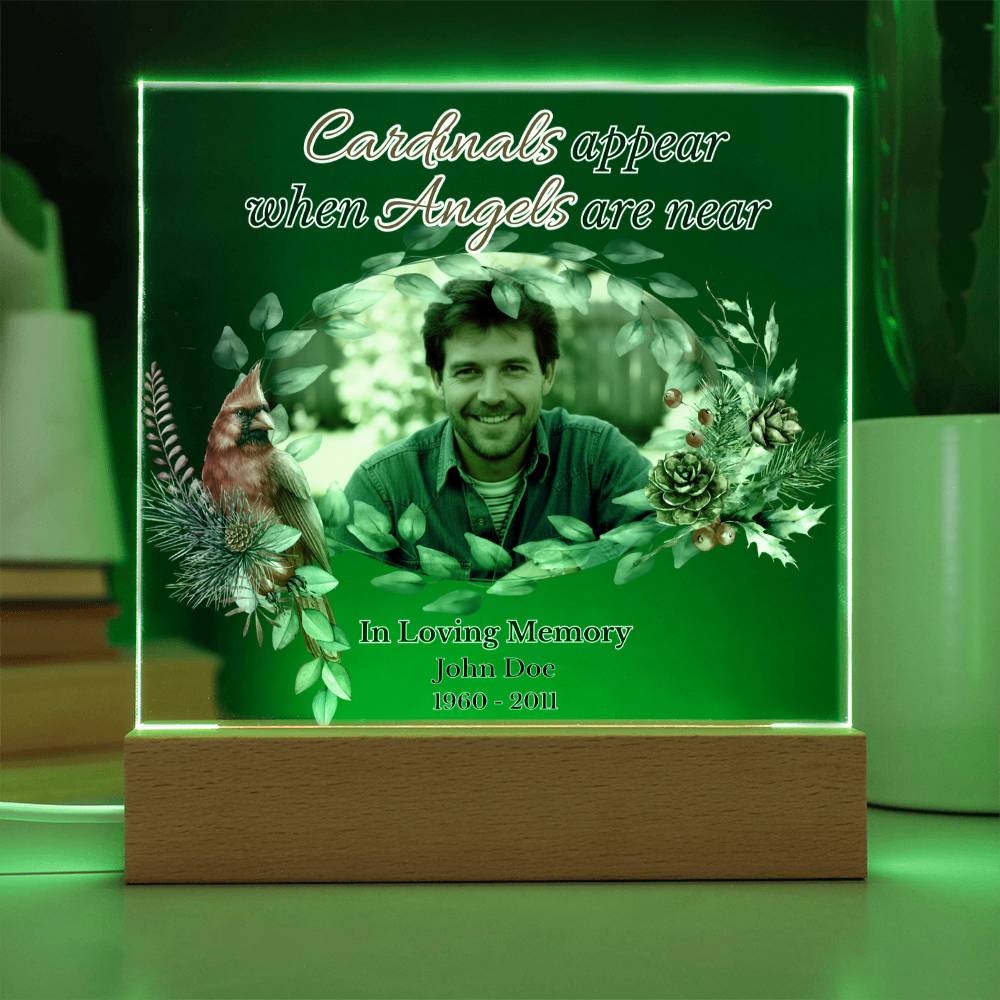 Personalized Cardinal Memorial LED Light – “Cardinals Appear When Angels Are Near” Acrylic Plaque with Custom Photo, Name & Dates | Sympathy, Christmas, or Remembrance Gift