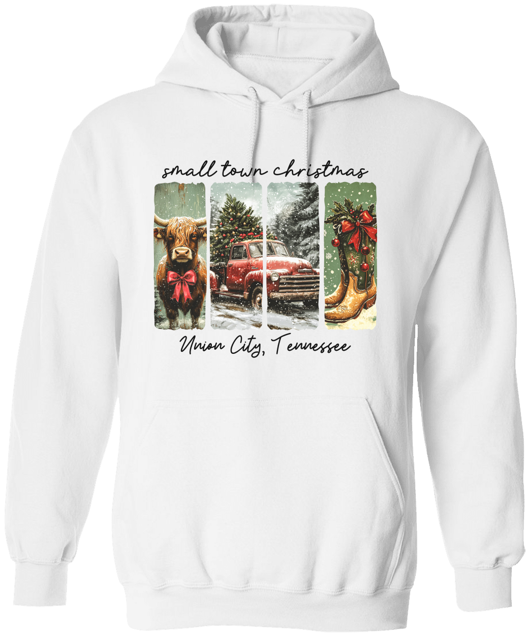 Vintage Small Town Christmas Gildan Hoodie – Personalized City & State Holiday Rustic Country Design