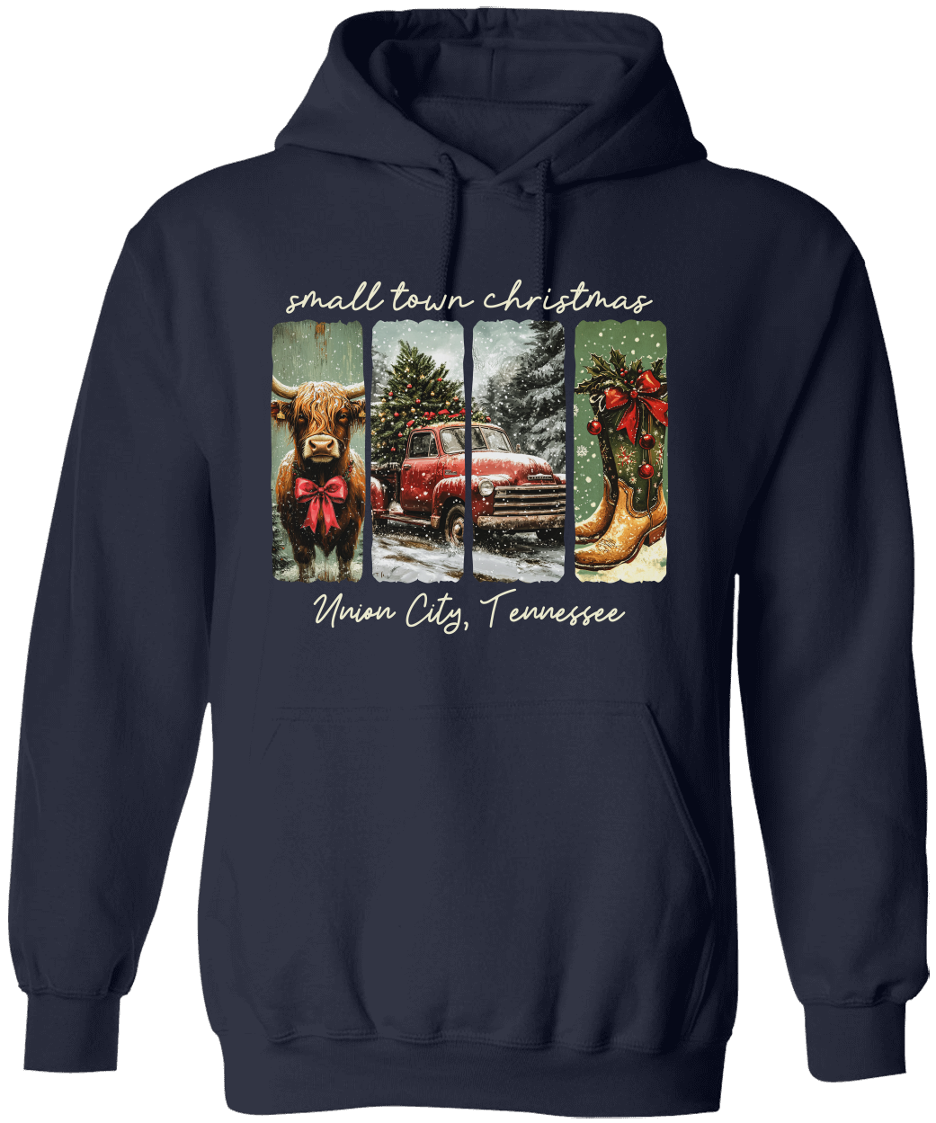 Vintage Small Town Christmas Gildan Hoodie – Personalized City & State Holiday Rustic Country Design