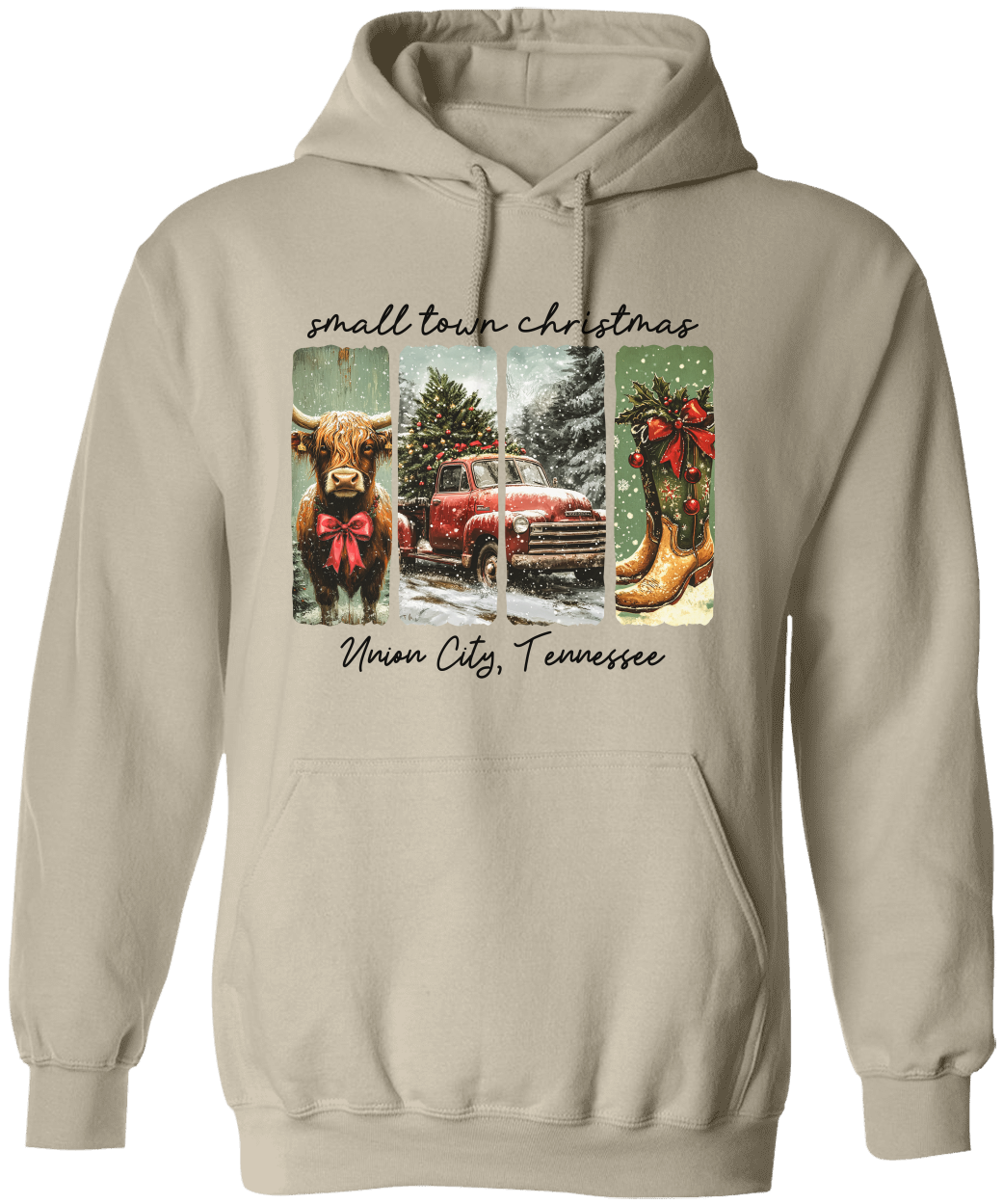 Vintage Small Town Christmas Gildan Hoodie – Personalized City & State Holiday Rustic Country Design