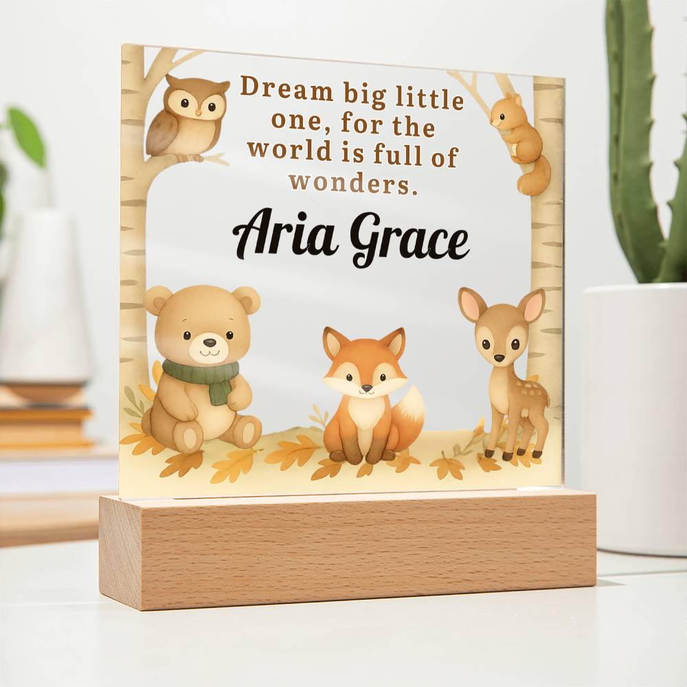 Personalized Woodland Animal LED Night Light – Custom Name Nursery Lamp with Bear, Fox & Deer – Dream Big Little One Baby Gift – Kids Room Decor