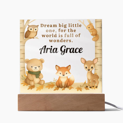 Personalized Woodland Animal LED Night Light – Custom Name Nursery Lamp with Bear, Fox & Deer – Dream Big Little One Baby Gift – Kids Room Decor