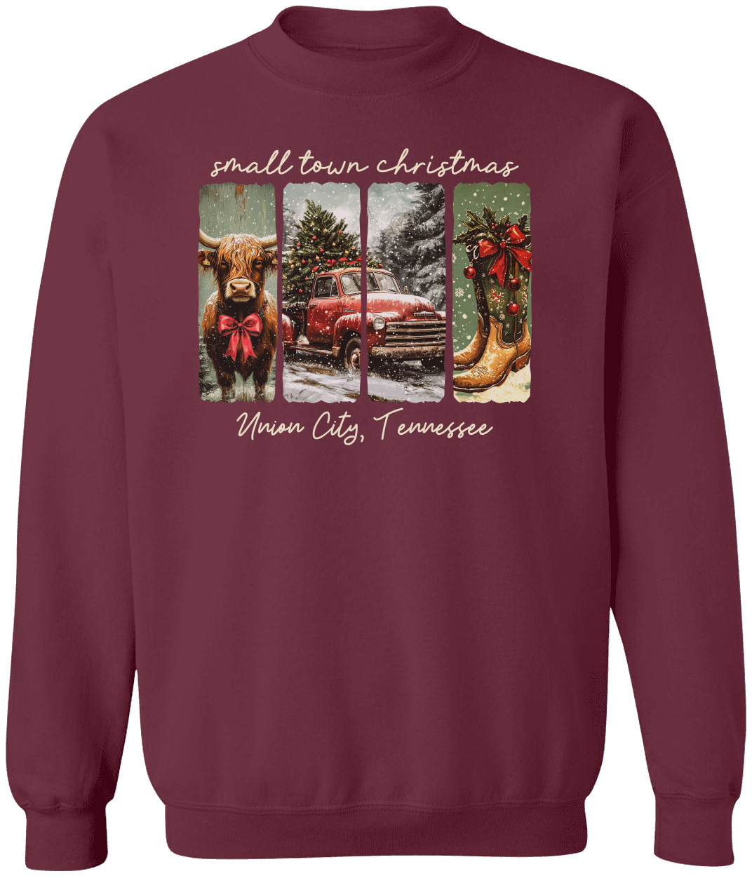 Vintage Small Town Christmas Gildan Sweatshirt – Personalized City & State Holiday Rustic Country Design