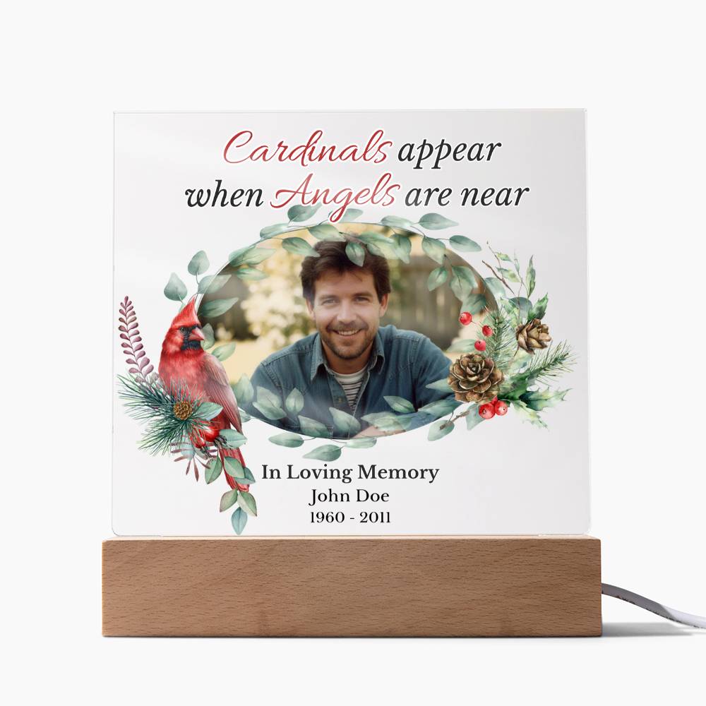 Personalized Cardinal Memorial LED Light – “Cardinals Appear When Angels Are Near” Acrylic Plaque with Custom Photo, Name & Dates | Sympathy, Christmas, or Remembrance Gift