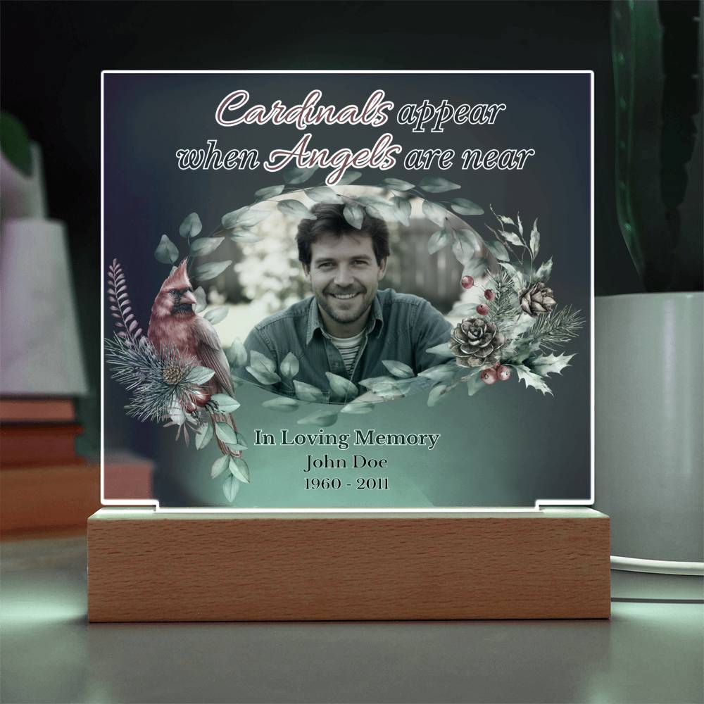Personalized Cardinal Memorial LED Light – “Cardinals Appear When Angels Are Near” Acrylic Plaque with Custom Photo, Name & Dates | Sympathy, Christmas, or Remembrance Gift