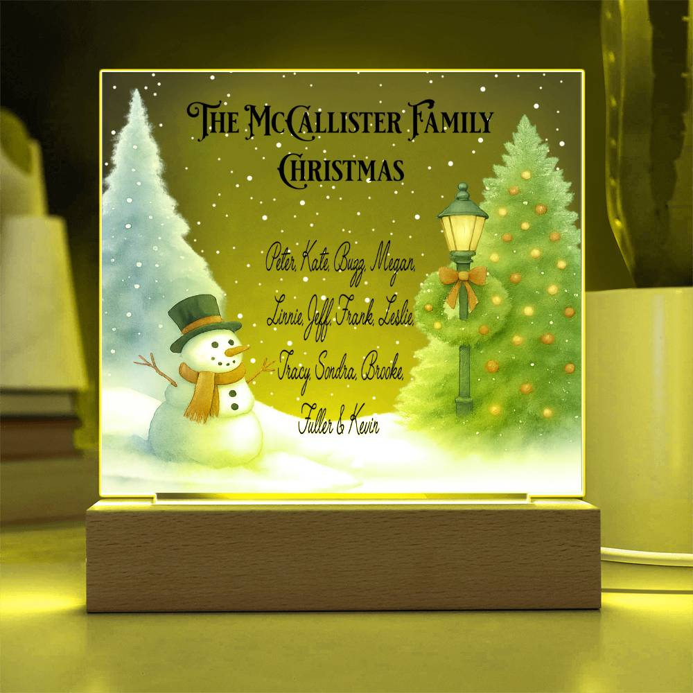 Decorative Christmas sign with a snowman and tree, featuring the McCallister family names.