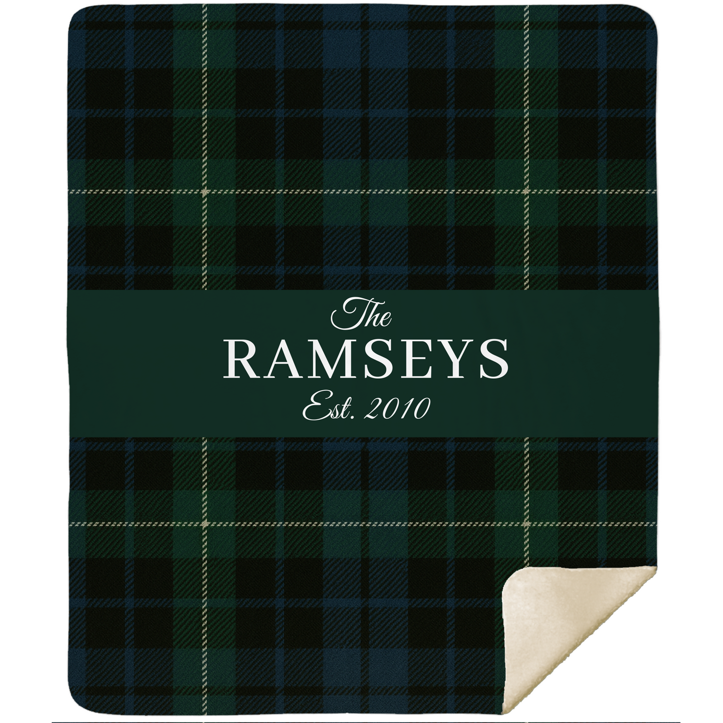Personalized Green & Navy Tartan Christmas Blanket – Ralph Lauren Style Plaid Throw with Family Name | Custom Sherpa or Fleece Blanket (50x60 or 60x80)
