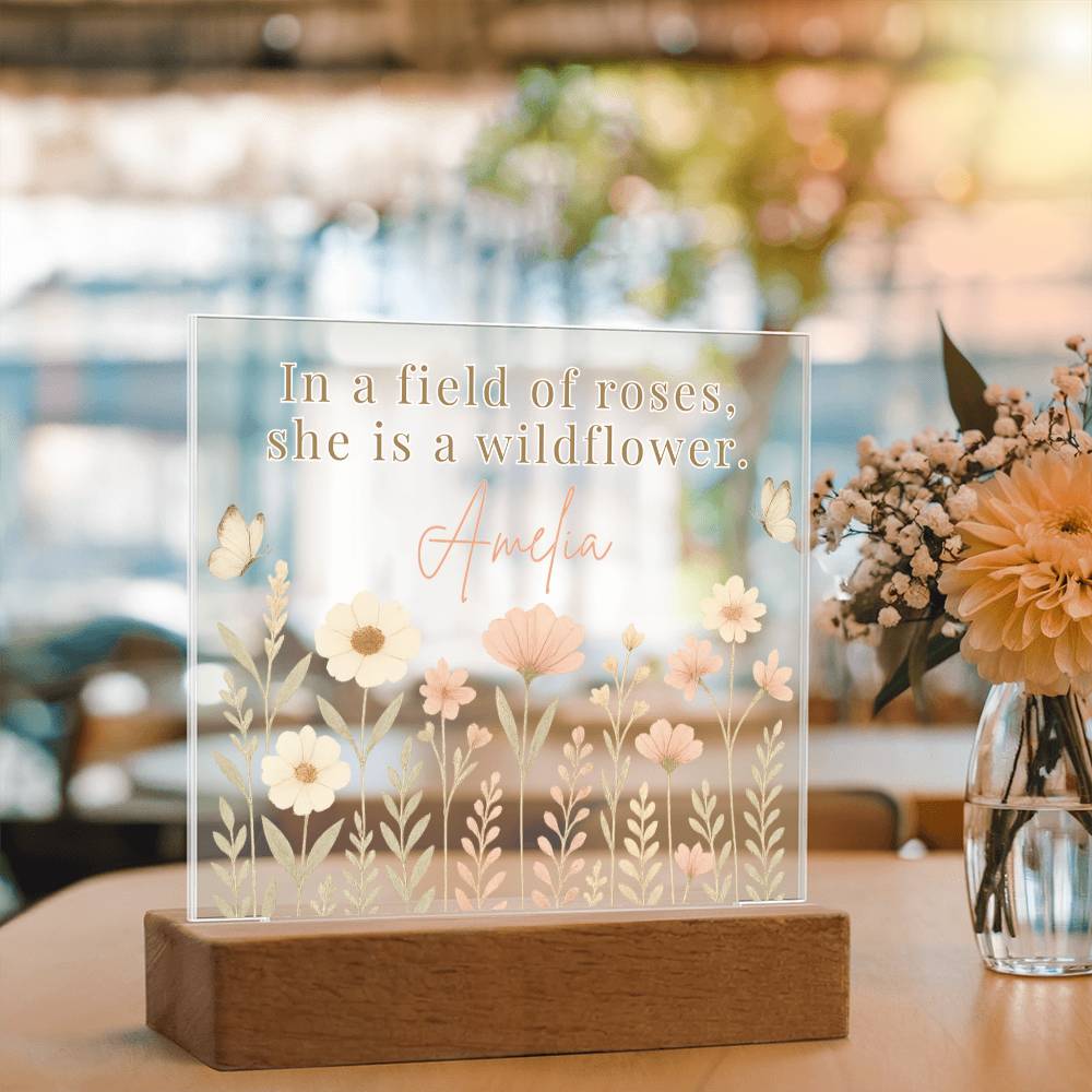 Decorative plaque with floral design and text on a wooden base, placed on a table with flowers in the background.