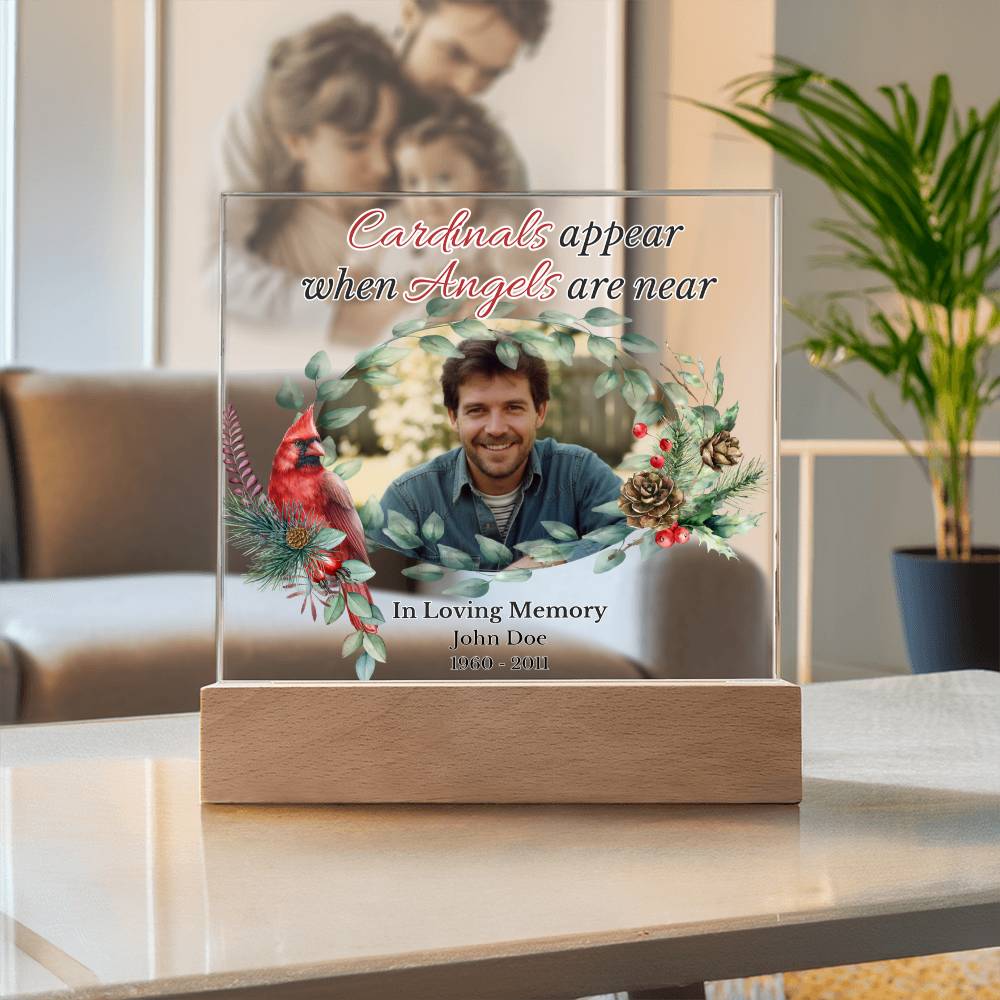 Personalized Cardinal Memorial LED Light – “Cardinals Appear When Angels Are Near” Acrylic Plaque with Custom Photo, Name & Dates | Sympathy, Christmas, or Remembrance Gift
