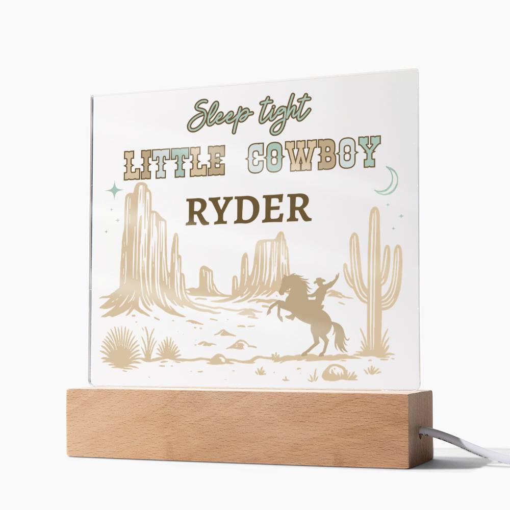 Sleep Tight Little Cowboy Personalized Acrylic Night Light – Custom Western Nursery Decor – Cowboy Bedroom Gift for Boys