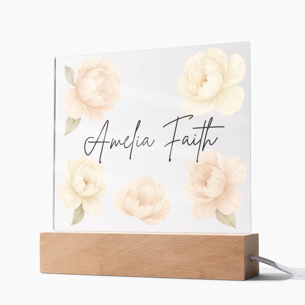 Personalized Peony Name LED Night Light for Nursery | Custom Floral Acrylic Sign for Baby Girl Room Décor