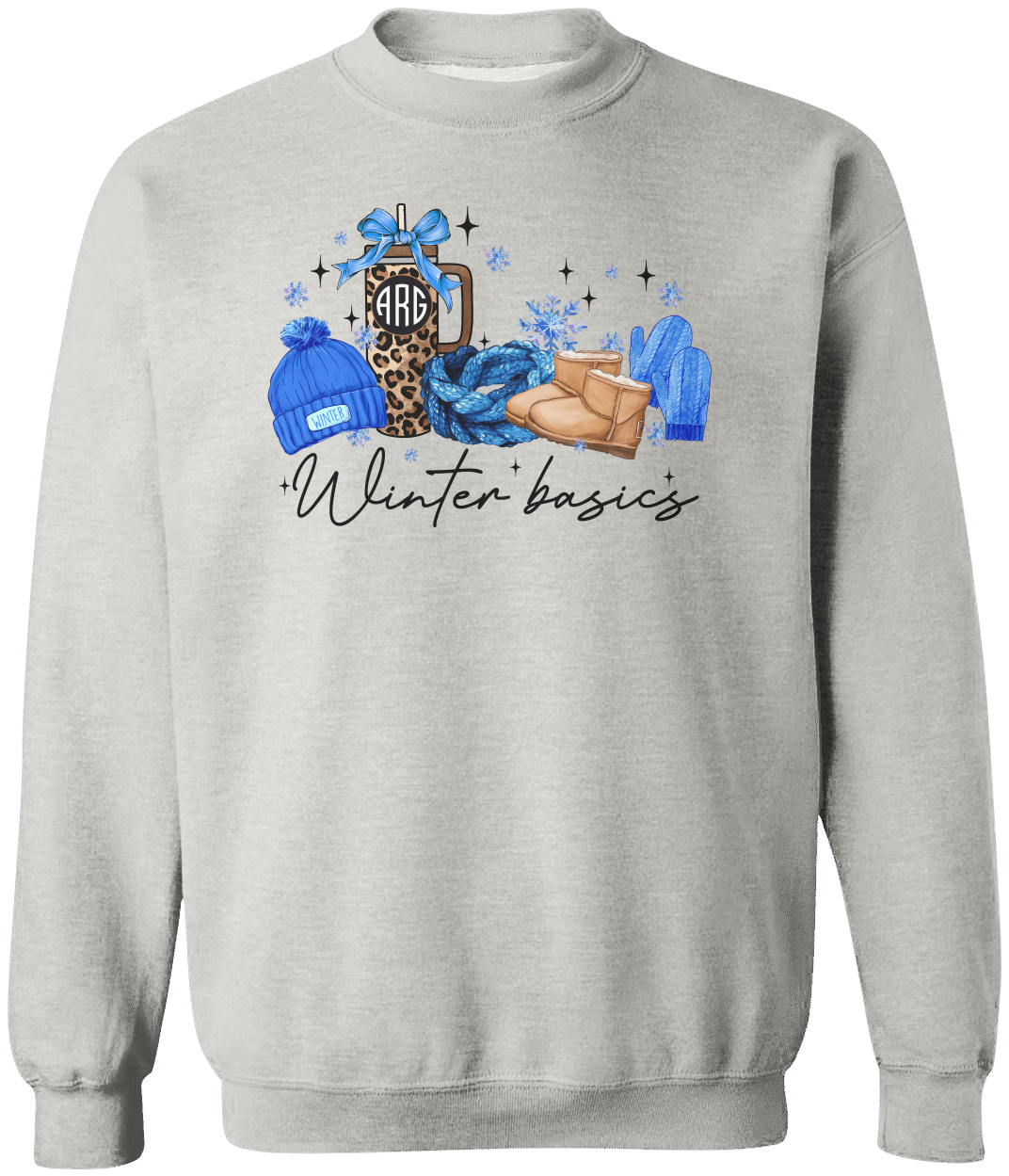 Personalized Winter Basics Gildan Crewneck Sweatshirt | Monogram Coffee Cup Design | Cozy Seasonal Apparel