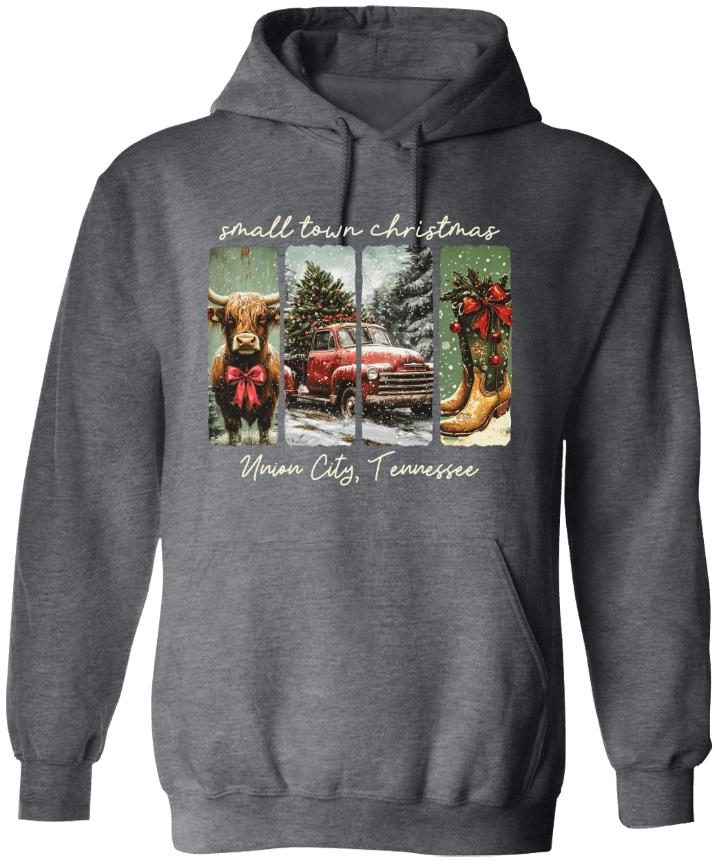 Vintage Small Town Christmas Gildan Hoodie – Personalized City & State Holiday Rustic Country Design