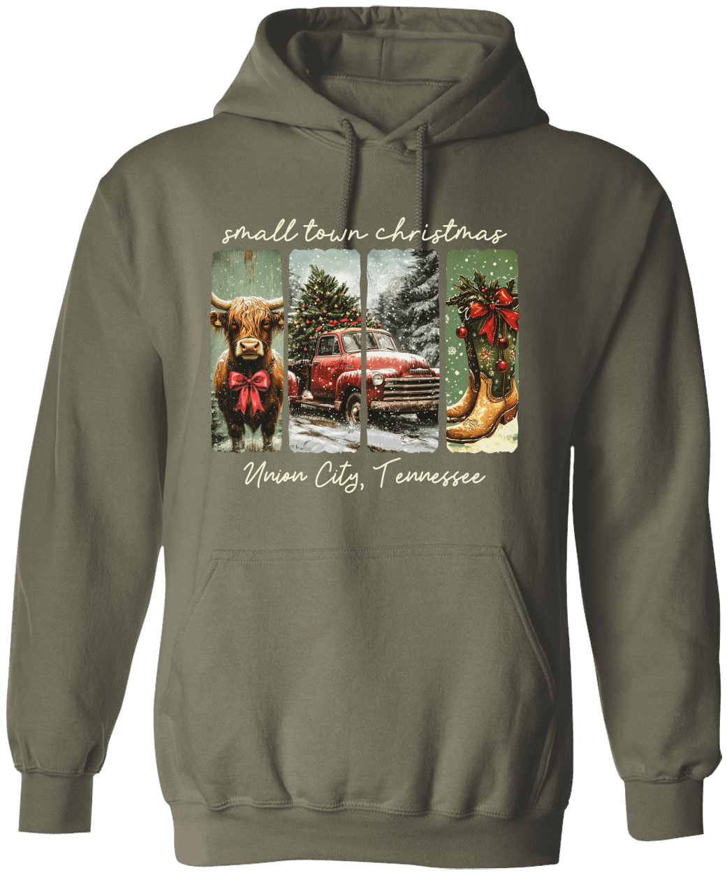 Vintage Small Town Christmas Gildan Hoodie – Personalized City & State Holiday Rustic Country Design