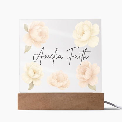 Personalized Peony Name LED Night Light for Nursery | Custom Floral Acrylic Sign for Baby Girl Room Décor