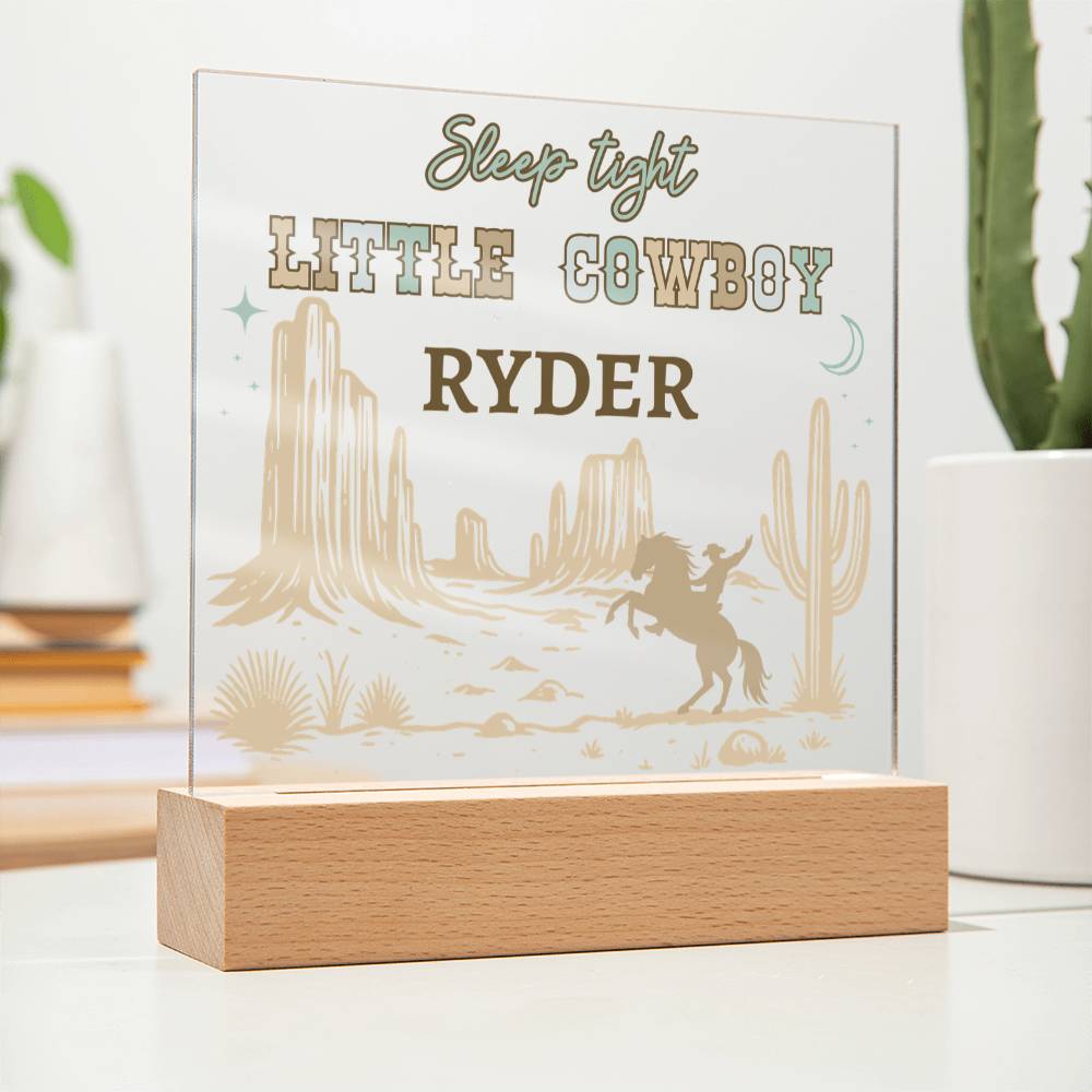 Sleep Tight Little Cowboy Personalized Acrylic Night Light – Custom Western Nursery Decor – Cowboy Bedroom Gift for Boys