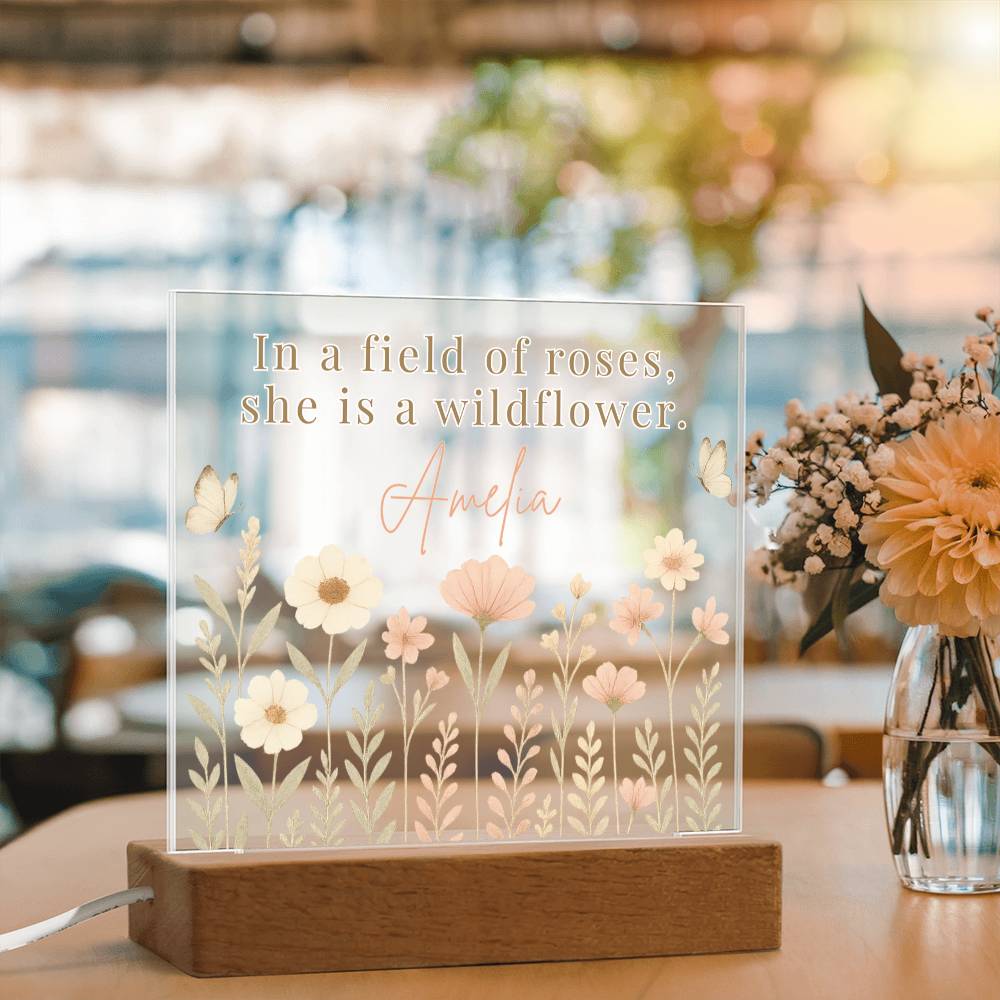 Personalized Wildflower LED Night Light – “In a Field of Roses, She Is a Wildflower” Nursery or Kids Decor | Custom Name Acrylic Light for Girls Room | Boho Floral Nightlight Gift