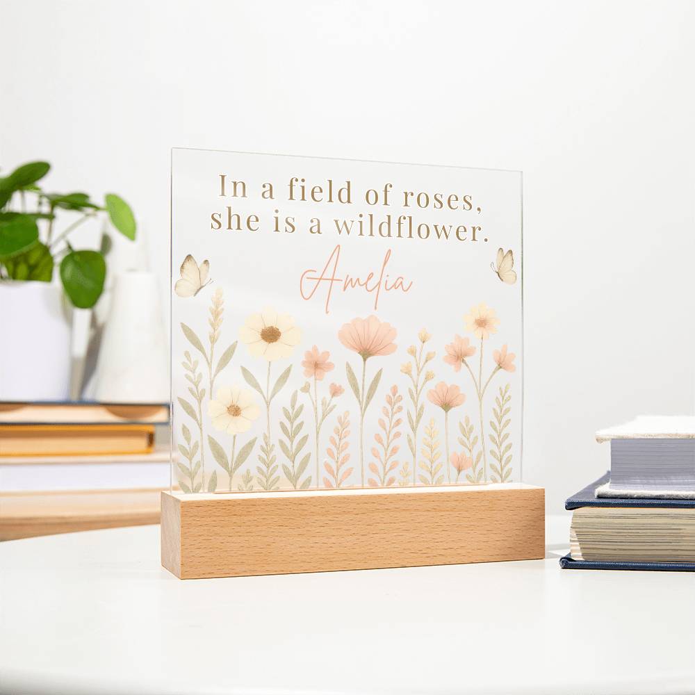 Personalized Wildflower LED Night Light – “In a Field of Roses, She Is a Wildflower” Nursery or Kids Decor | Custom Name Acrylic Light for Girls Room | Boho Floral Nightlight Gift