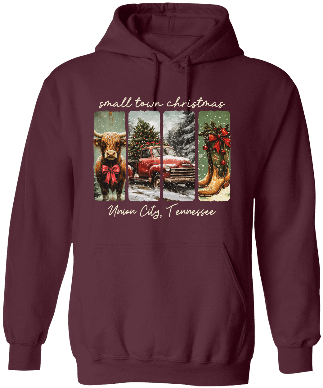 Vintage Small Town Christmas Gildan Hoodie – Personalized City & State Holiday Rustic Country Design