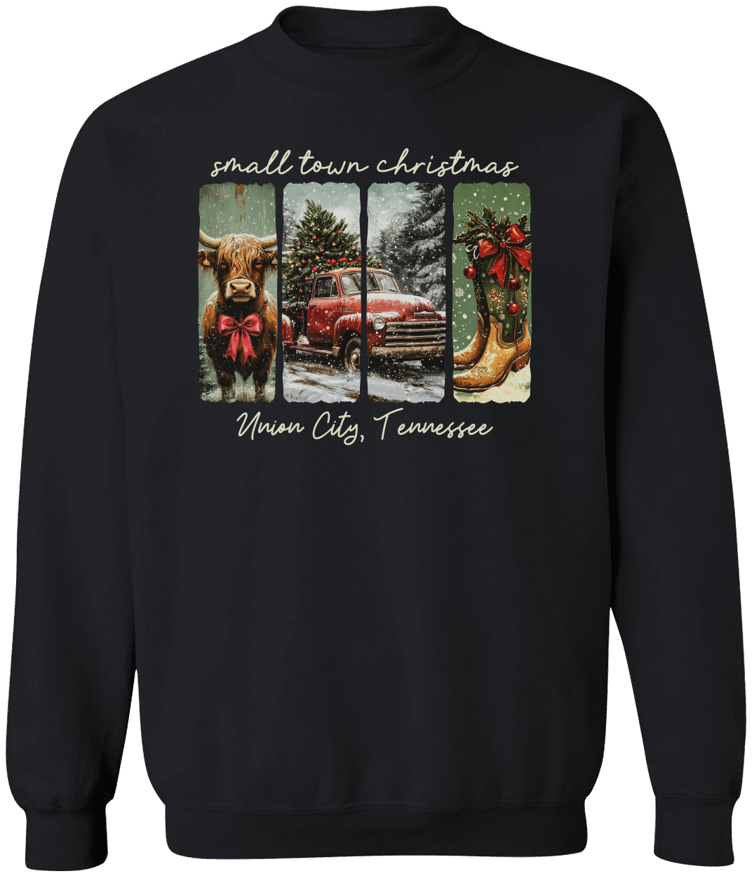 Vintage Small Town Christmas Gildan Sweatshirt – Personalized City & State Holiday Rustic Country Design