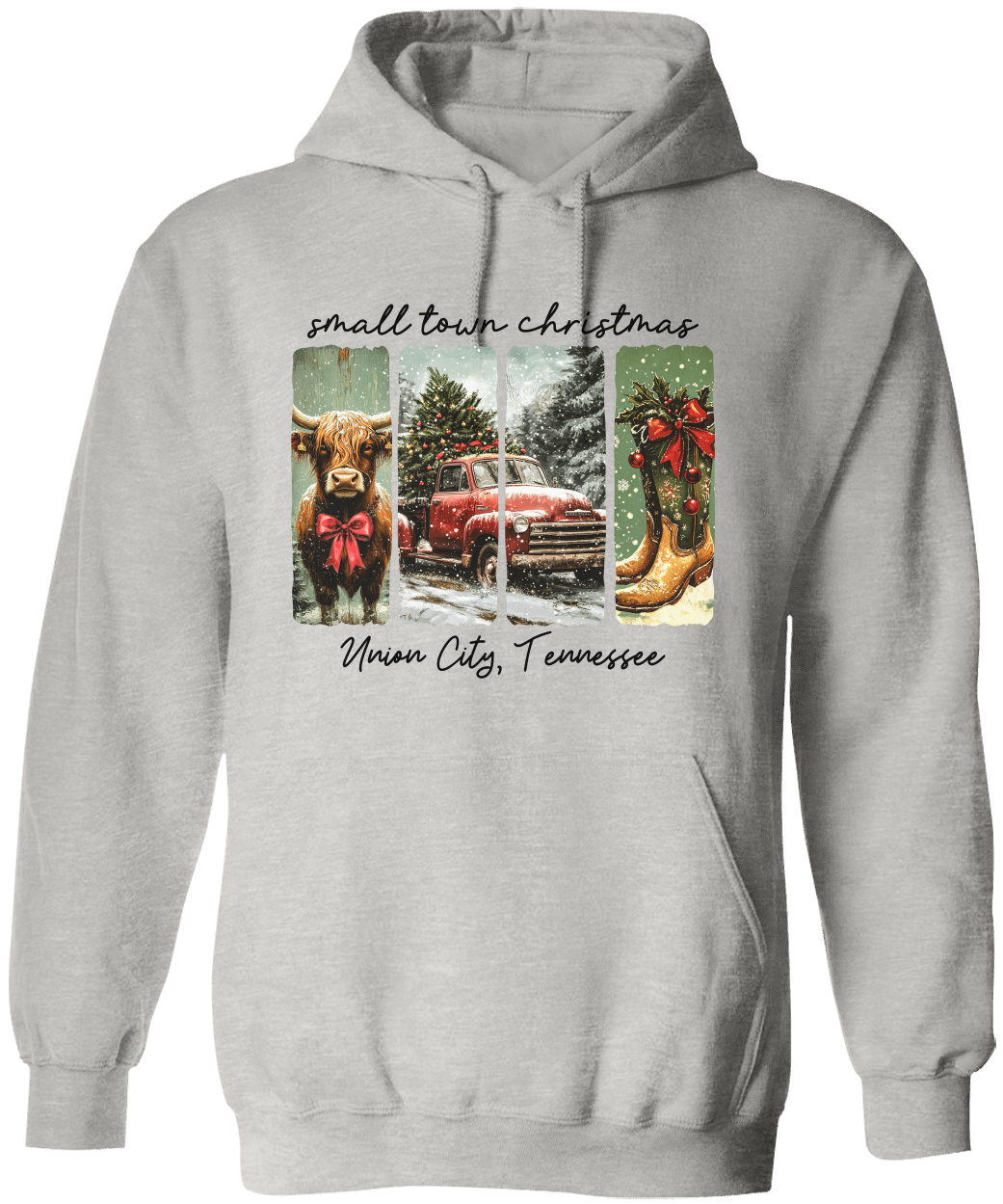 Vintage Small Town Christmas Gildan Hoodie – Personalized City & State Holiday Rustic Country Design