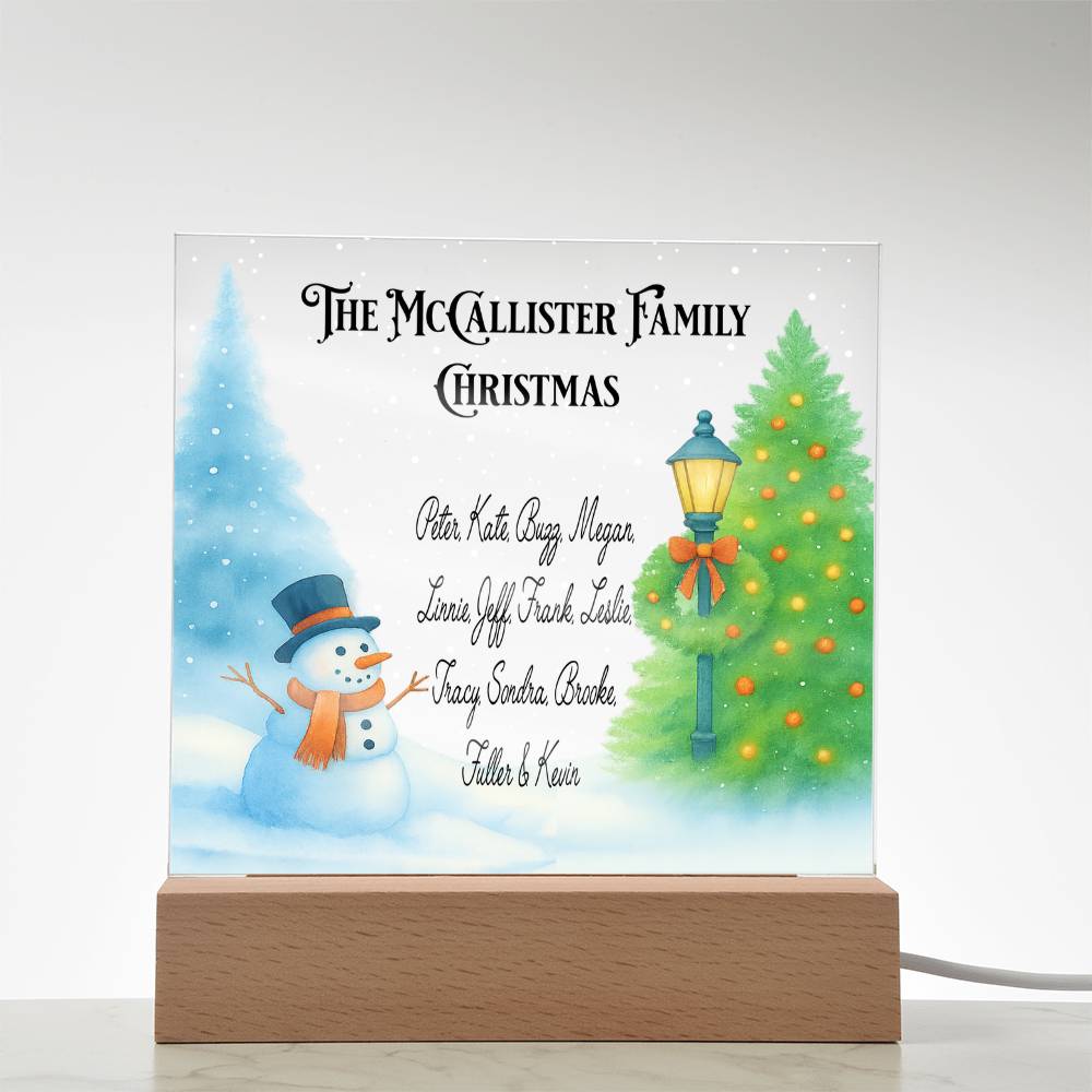 Personalized Christmas lamp with snowman and tree design on a white background