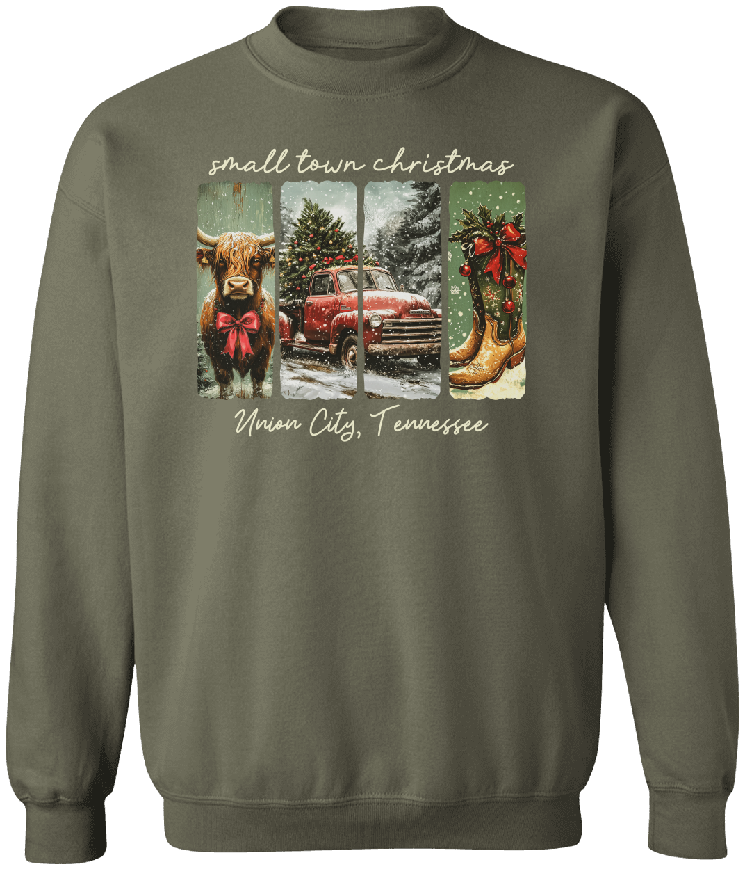 Vintage Small Town Christmas Gildan Sweatshirt – Personalized City & State Holiday Rustic Country Design