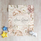 Floral blanket design with personalized text on a textured surface with star and unicorn toys.