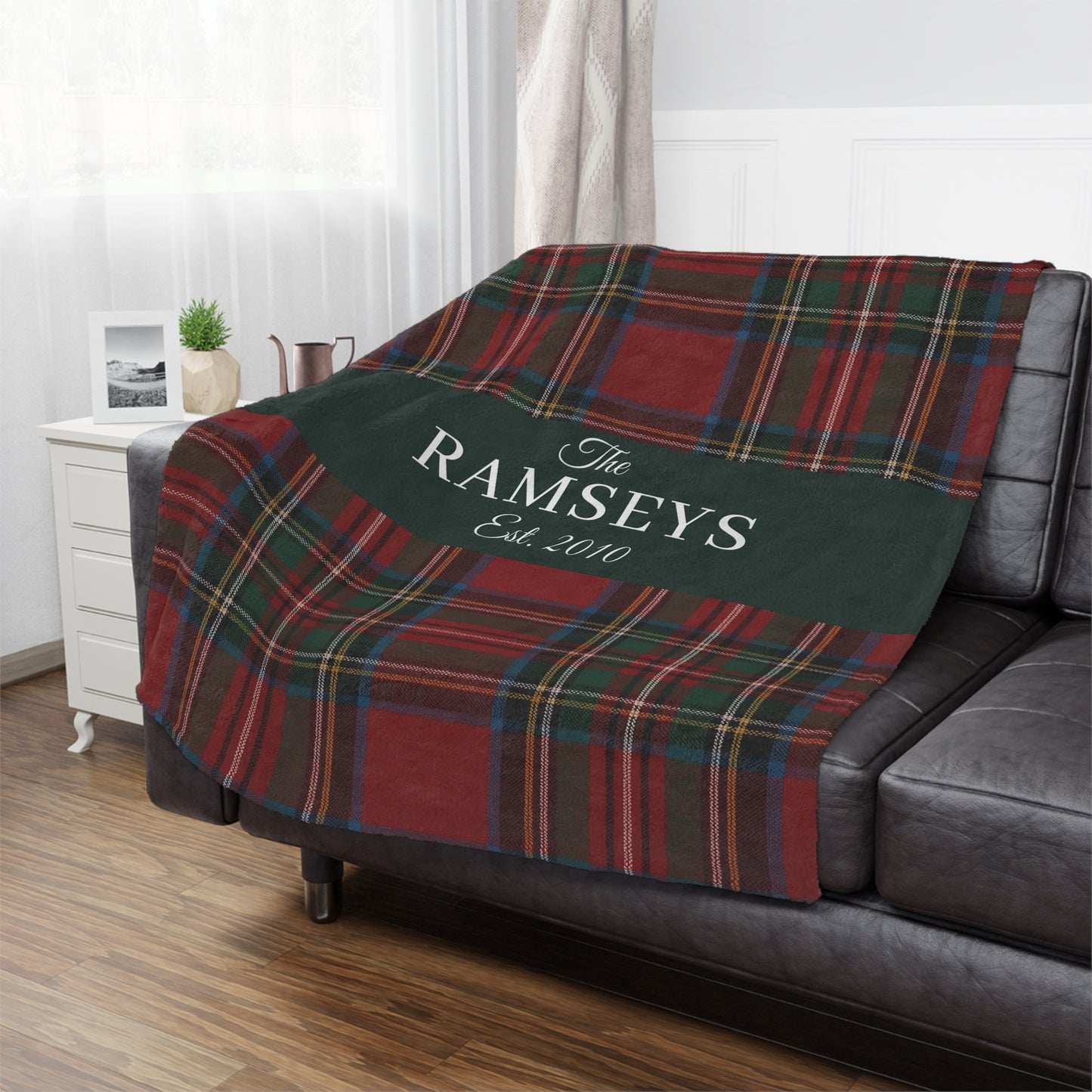 Personalized Tartan Christmas Blanket – Classic Red Plaid Family Name Throw with Green Stripe | Custom Sherpa or Fleece Blanket (50x60 or 60x80)