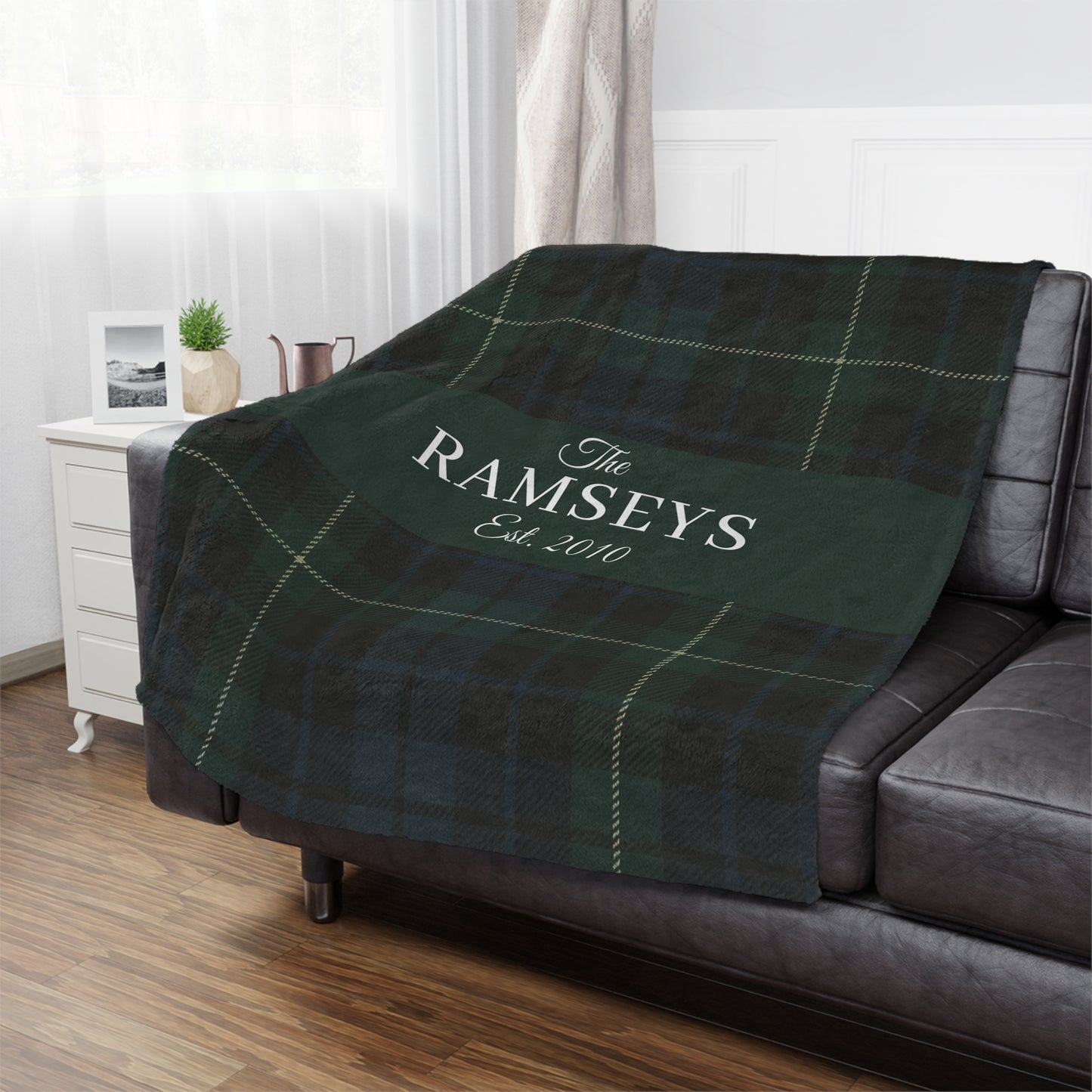 Personalized Green & Navy Tartan Christmas Blanket – Ralph Lauren Style Plaid Throw with Family Name | Custom Sherpa or Fleece Blanket (50x60 or 60x80)