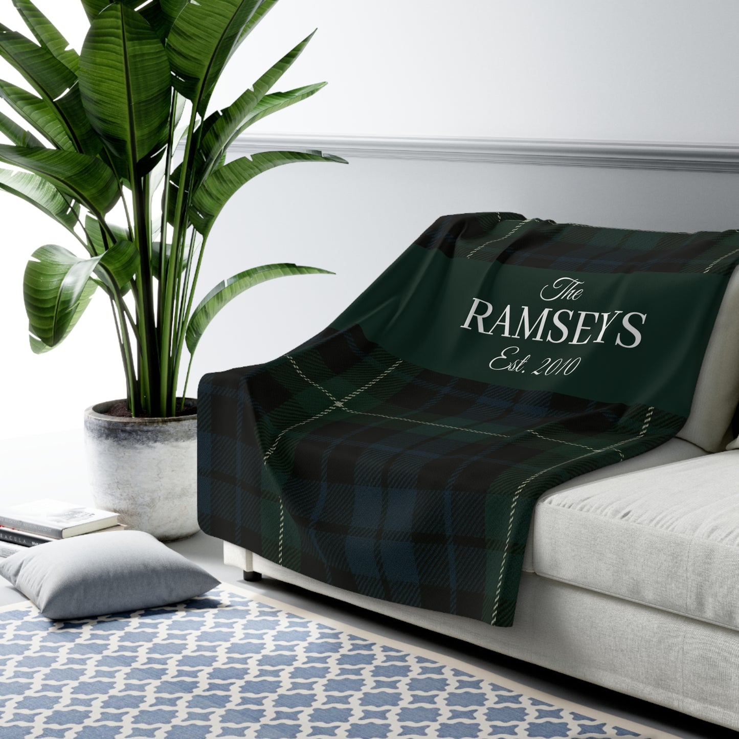 Personalized Green & Navy Tartan Christmas Blanket – Ralph Lauren Style Plaid Throw with Family Name | Custom Sherpa or Fleece Blanket (50x60 or 60x80)